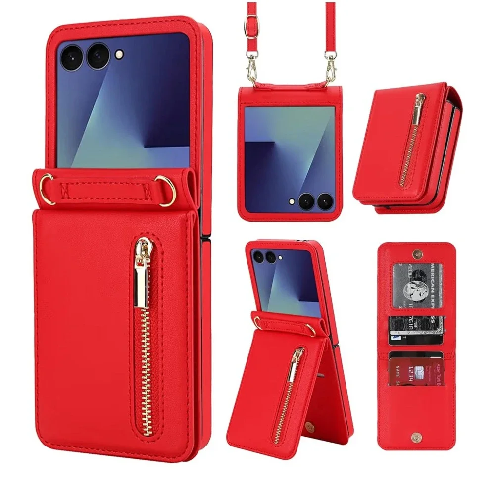 New XIMAND for Samsung Flip‎ Case Red Zipper Wallet Phone Protective